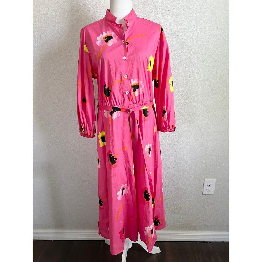 Piazza Sempione Milano Pink Floral Poplin Midi Dress Women's IT 48 US 12 Belted - Picture 2 of 15